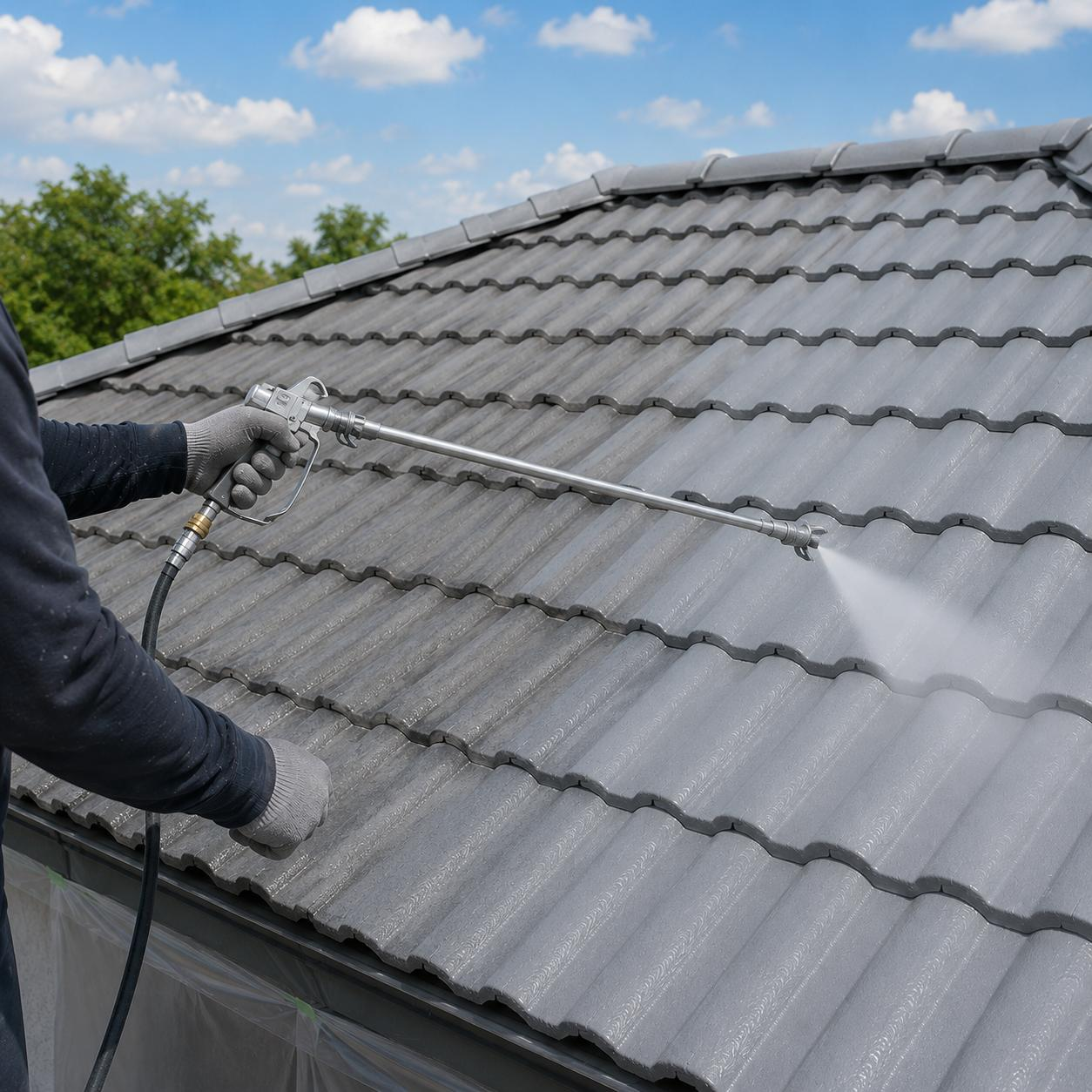 Professional roofer carefully fastening a charcoal metal roof